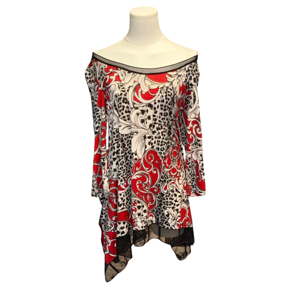 Laura Max Tunic Top Women Small Red Good Baroque Leopard Print Asymmetric Mesh